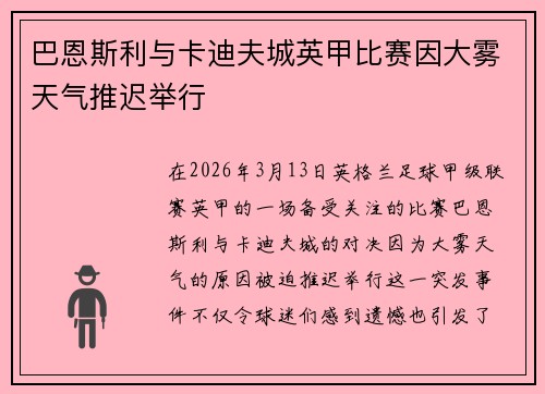 巴恩斯利与卡迪夫城英甲比赛因大雾天气推迟举行