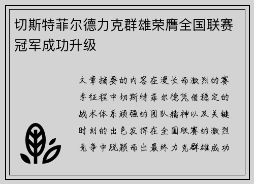 切斯特菲尔德力克群雄荣膺全国联赛冠军成功升级